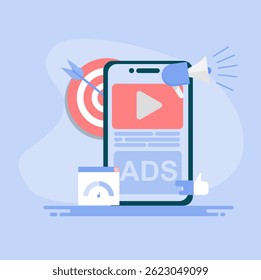 Estratégias de publicidade móvel e segmentação programática para dispositivos móveis. Ilustração de publicidade em celular.