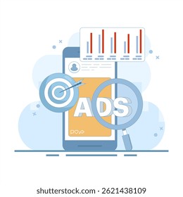 Mobile advertising strategy concept. native advertising and programmatic targeting for mobile devices. Advertising campaign. optimized mobile advertising. Flat design illustration in the background.
