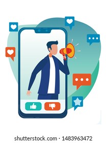 Mobile Advertising via Social Network. Flat Cartoon Man Stands Inside Tablet or Smartphone Screen Announcing in Megaphone. Digital Advert, Marketing Communication, Refer Friends. Vector Illustration