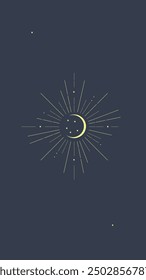 Mobile Aesthetic Phone Wallpaper Background Social Media Stories Moon Stars Rays Celestial Mystical Esoteric Outline Symbol Isolated Vector Design