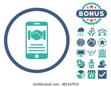 Mobile Agreement icon with bonus. Vector illustration style is flat iconic bicolor symbols, cobalt and cyan colors, white background.