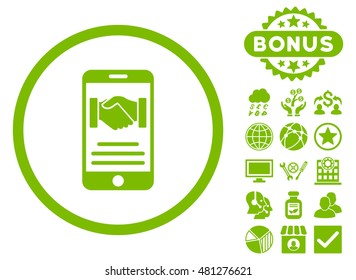 Mobile Agreement icon with bonus. Vector illustration style is flat iconic symbols, eco green color, white background.