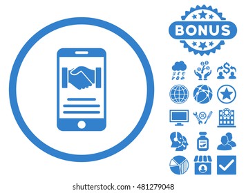 Mobile Agreement icon with bonus. Vector illustration style is flat iconic symbols, cobalt color, white background.