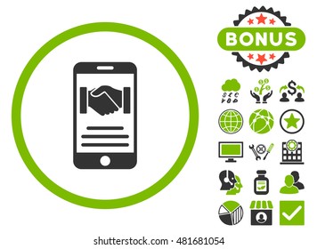 Mobile Agreement icon with bonus. Vector illustration style is flat iconic bicolor symbols, eco green and gray colors, white background.