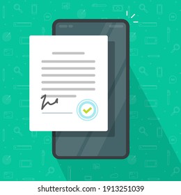 Mobile agreement or signed contract on smart cell phone screen with seal stamp vector flat cartoon illustration, concept of smartphone cellphone digital partnership success form, deal document 