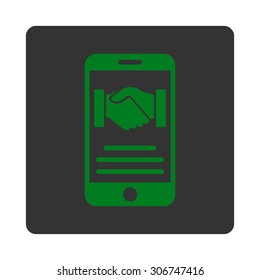 Mobile Agreement vector icon. This flat rounded square button uses green and gray colors and isolated on a white background.