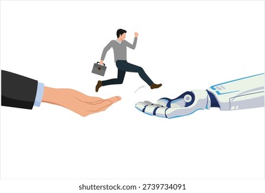 Mobile AI adoption or implementation to success, change or transformation using Artificial Intelligence innovation to help business achievement, businessman hold winning flag jump from human hand to AI 

