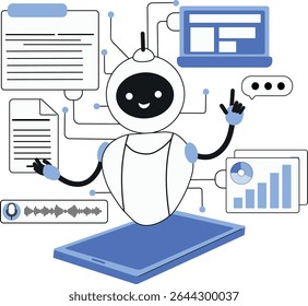 Mockup de tela do assistente de IA móvel. Smartphone com imagem de assistente de voz inteligente com ícone de microfone e janela de bate-papo. Janela e janelas de bate-papo por voz. Design de interface de usuário vetorial para assistência virtual, r