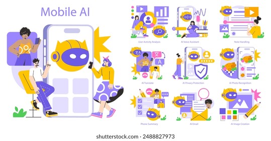 Mobile AI concept. Illustration capturing various artificial intelligence applications on mobile devices, including translation and voice assistance. Vector illustration.