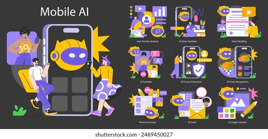 Concepto de IA móvil. Ilustración Explore varias funciones de IA en teléfonos inteligentes como la traducción, la privacidad y el reconocimiento de fotos. Ilustración vectorial.