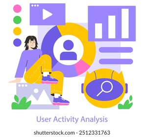 Mobile AI concept. User activity analysis with a relaxed person amidst colorful analysis graphics. User interaction, data trends, and behavior insights. Vector illustration.