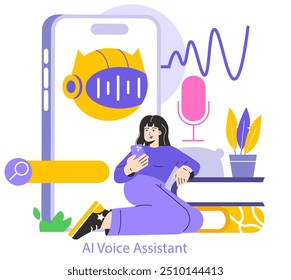 Conceito de IA móvel. Uma mulher interage com um assistente de voz de IA em seu smartphone, mostrando o uso da tecnologia moderna. Aplicação assistente digital na vida diária. Ilustração vetorial.