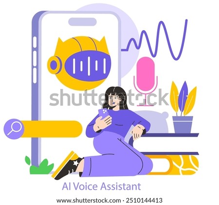 Mobile AI concept. A woman interacts with an AI voice assistant on her smartphone, showcasing modern technology use. Digital assistant application in daily life. Vector illustration.