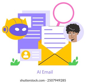 Concepto de correo electrónico de IA móvil. Gestión personalizada de la bandeja de entrada y mensajería automatizada. Tecnología de comunicación innovadora, asistente digital, interfaz de usuario. Ilustración vectorial.