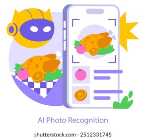 Mobile AI Photo Recognition concept. An intelligent system identifies food items on a smartphone screen. Artificial intelligence parsing images. Vector illustration.