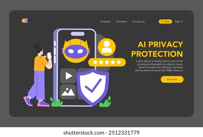 Conceito de proteção de privacidade de IA móvel. Interfaces de usuário com aplicativo de segurança com AI guard e ferramentas de privacidade. Interação digital segura e defesa de dados. Ilustração vetorial.