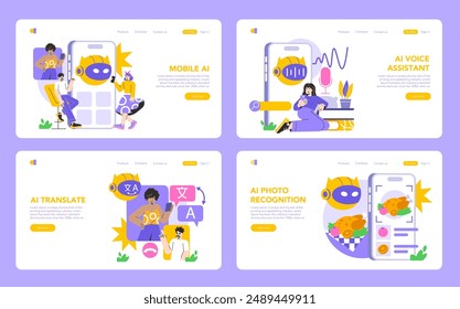 Mobile AI set. User interaction with innovative artificial intelligence apps. Diverse characters engaging with voice, translation, and photo recognition services. Vector illustration.