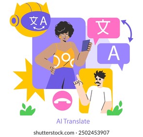 Mobile AI translation concept. Digital communication break language barriers. Multilingual conversation via smartphone app. Vector illustration.