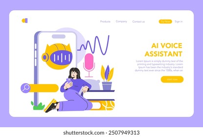 Mobile AI Voice Assistant concept. User interacts with chatbot technology on her smartphone, enhancing digital communication. Vector illustration.