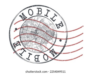 Mobile, AL, USA Stamp Map Postal. Silhouette Seal Roads und Straßen. Passport Round Design. Vektorsymbol. Design Retro Travel National Symbol.