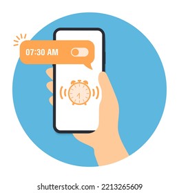 Aviso de aviso de recordatorio de reloj de alarma móvil para despertar vector, notificación de temporizador de reloj de teléfono inteligente en persona icono de caricatura de mano plana, alerta de aplicación de teléfono celular digital electrónica moderna