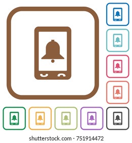 Mobile alarm simple icons in color rounded square frames on white background