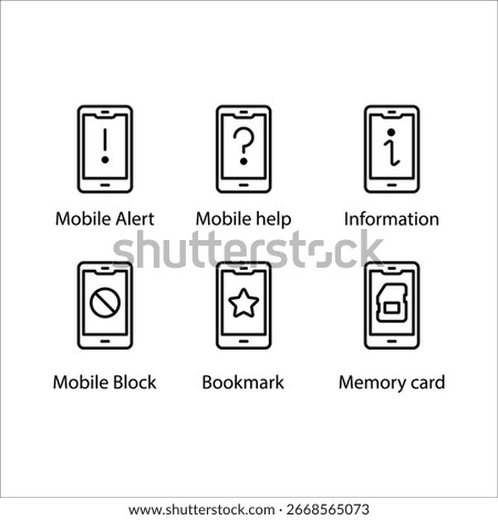 Mobile Alert, Mobile help, Information, Mobile Block, Bookmark, Memory card, icon, Line icon Set