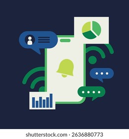 Mobile alert scene with charts, speech bubbles, and a notification icon. Ideal for concepts like KPI tracking, business updates, mobile analytics, and team communication.