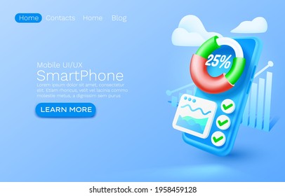 Mobile analysis app, chart finance diagram, web site banner design. Vector illustration