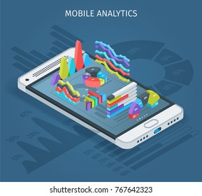 Mobile analytics concept. Modern smartphone with graphs in the isometric projection. Modern infographic template. Realistic vector illustration.