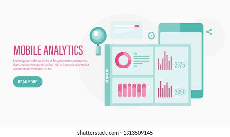 Mobile Analytics, Analytics Dashboard, Data Research - flat design vector banner with icons and texts