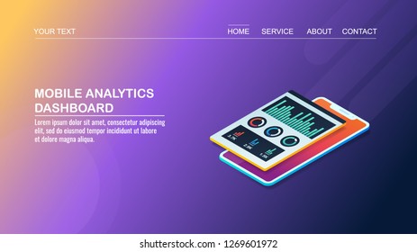 Mobile analytics dashboard, mobile interface displaying data analysis flat 3D isometric design vector banner