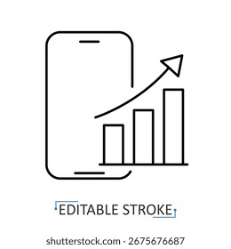 Un icono de análisis móvil en estilo minimalista con trazo editable. Símbolo de crecimiento financiero, elemento de teléfono inteligente, objeto de datos digital, concepto de tecnología, pictograma de negocio, diseño de beneficios
