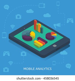 Mobile analytics isometric design with round diagrams and bar charts at smartphone on blue background vector illustration 