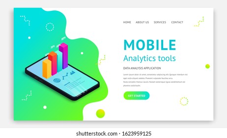 Mobile analytics tools isometric landing page concept. 3d graph data on smartphone screen on abstract fluid background. Vector illustration for app, website template, SEO, marketing infographic
