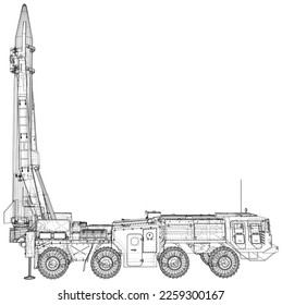 Complejo de misiles antiaéreos móviles en un camión, lanzador balístico con misiles listos para atacar el poderoso transporte militar en todo el terreno. Vector creado de 3d.