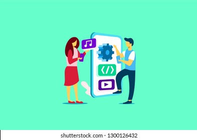 mobile aplication developer illustration vector, improvement in making mobile applications, for landing page,ui ux, infographic, website, presentation, banner, and print media