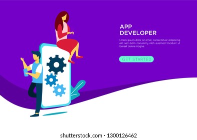 mobile aplication developer illustration vector, improvement in making mobile applications, for landing page,ui ux, infographic, website, presentation, banner, and print media