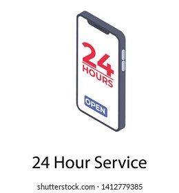 Mobile app, 24 hours service isometric icon 