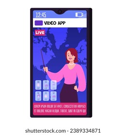 Mobile app about weather forecast, vector illustration isolated on white background. Young woman meteorologist or female presenter points to the map. Drawing in simple flat cartoon style
