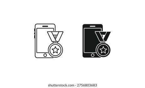 Mobile app achievement badges and awards on smartphones with medal icons