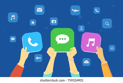 Mobile app addiction concept illustration of people showing favorite mobile apps for making call, texting, reading news listening to music. Flat human hands hold mobil applications on blue background
