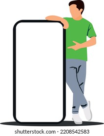 Mobile App Advertisement. Full Body Length Of Happy Man Leaning And Pointing At Big Huge White Empty Smartphone Screen Standing . Check This Out, Cellphone Display Mock Up