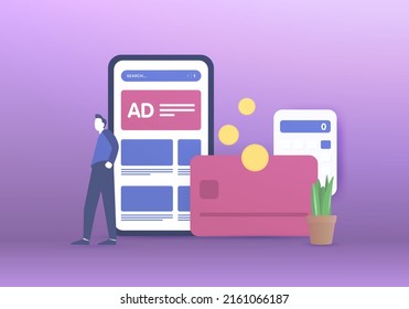 Concepto de ingresos por publicidad de aplicaciones móviles. Aumento de los ingresos por publicidad en aplicaciones, pago de optimización por clic. Ilustración vectorial de la estrategia de marketing digital PPC