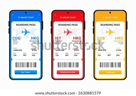 Mobile app airline ticket design with destinations, Booking options, and Boarding pass. Online ticket,