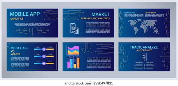 Mobile app analytics presentation templates set. Software programming. Data analysis. Market research. Ready made PPT slides on blue background. Graphic design. Roboto, Arial fonts used