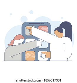 Mobile app Analytics. Vector flat illustration of a business statistics with web designer. Remote work
