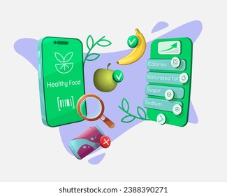 Mobile app for analyzing food products based on their content and ingredients. Smartphone, mobile app screen, fruit, soda, magnifying glass. Template for advertising landing, banner. Vector cartoon.