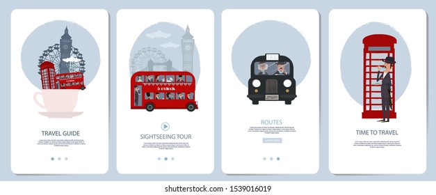 Mobile app background screens set. London Travel guid, landmark. Menu vector banner template for website and mobile development. Web site design flat illustration.