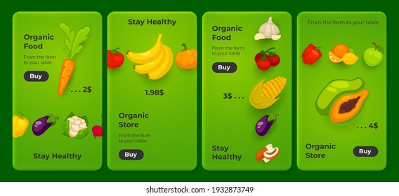 Mobile app, banner set ingredient organic food, vector illustration. Elements of fresh eco products. Collection of templates for organic store. Healthy vegetables and fruits, cartoon